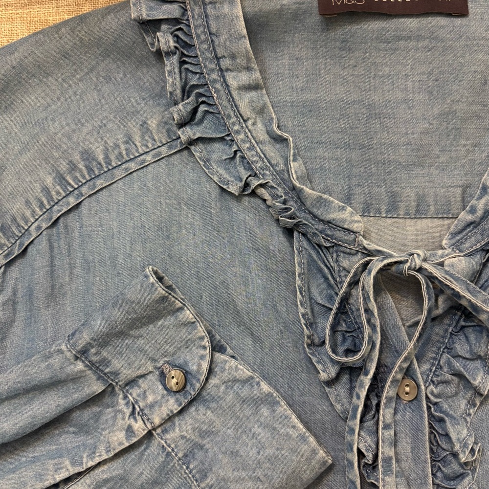 M&S Collection Ruffled Blue Chambray Blouse - Picture 4 of 4
